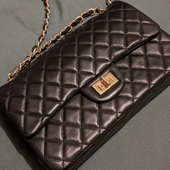 Black Quilted Leather Double Flap Bag - Picture 5 of 12